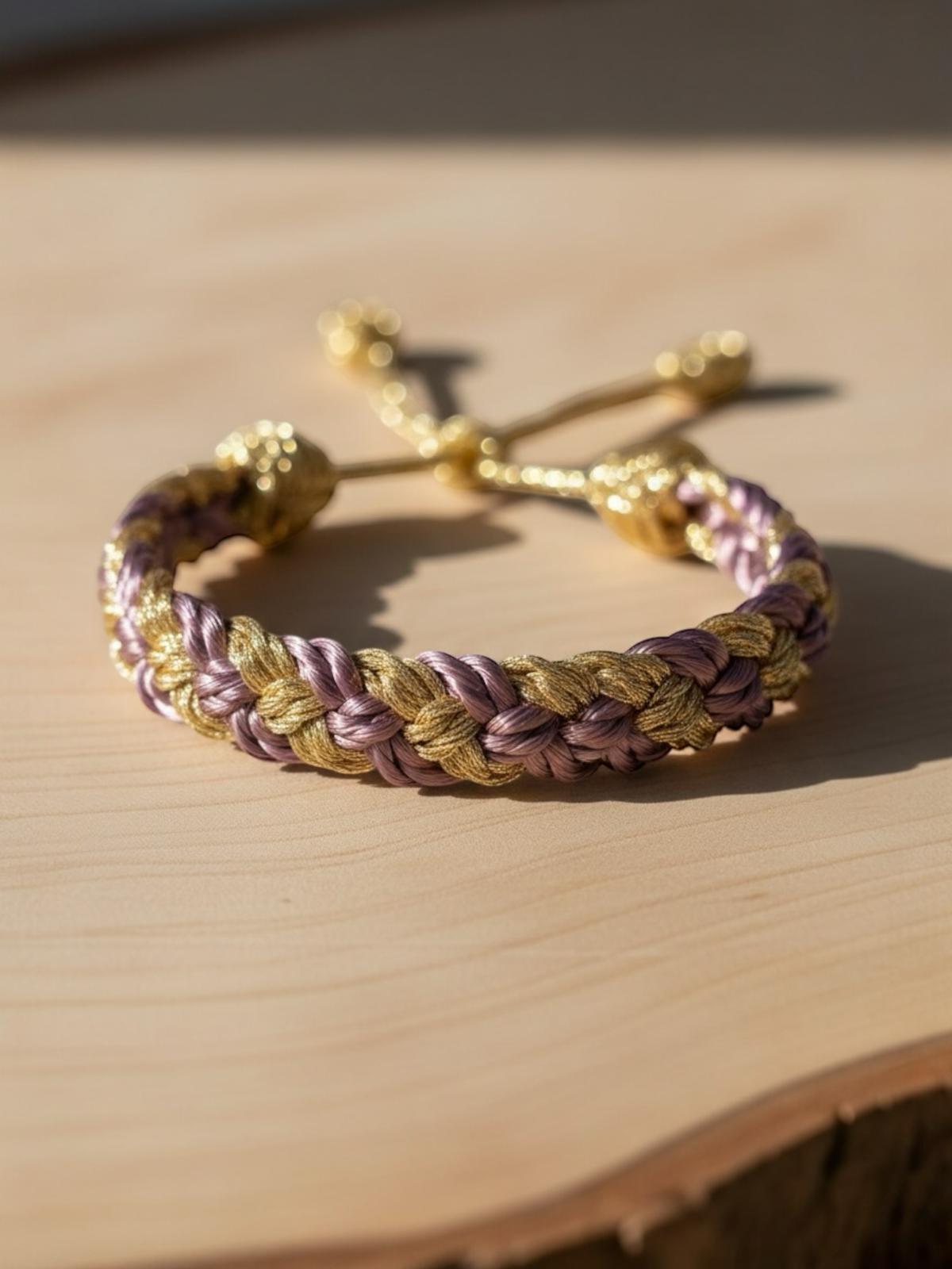 Bracelet en passementerie violet et or, inspiré des cafetans marocains, fait main avec 50% fil de soie et 50% fil d'or, alliant tradition et haute couture artisanale marocaine.