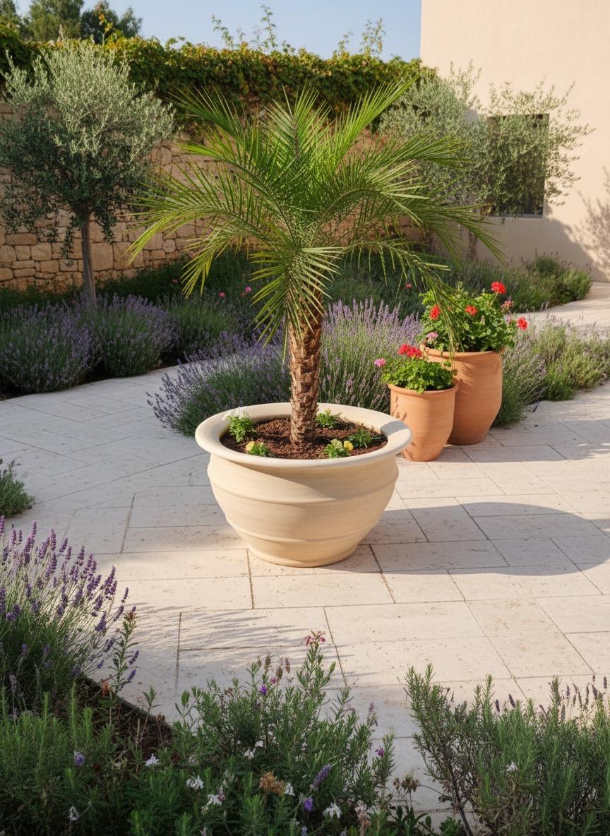 Grand pot rond en terre cuite blanche Ø80 cm pour terrasse, jardin ou bord de piscine, idéal pour palmiers et plantes décoratives.
