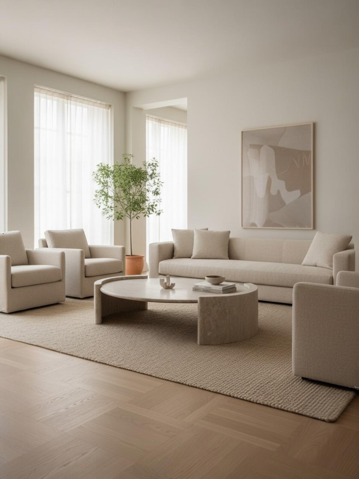 Table basse en travertin beige naturel dans salon lumineux, table Agafay 160x100x38 cm, design contemporain haut de gamme.