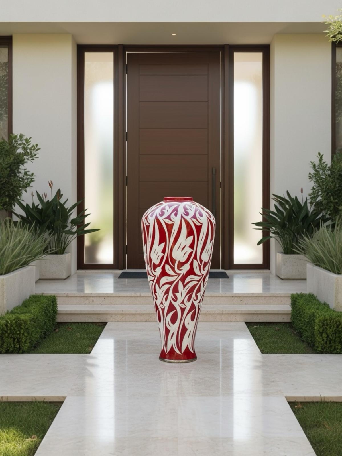 Vase Atlas Rouge Safi en céramique artisanale gravée rouge et blanc, hauteur 1m30, décoration haut de gamme marocaine.