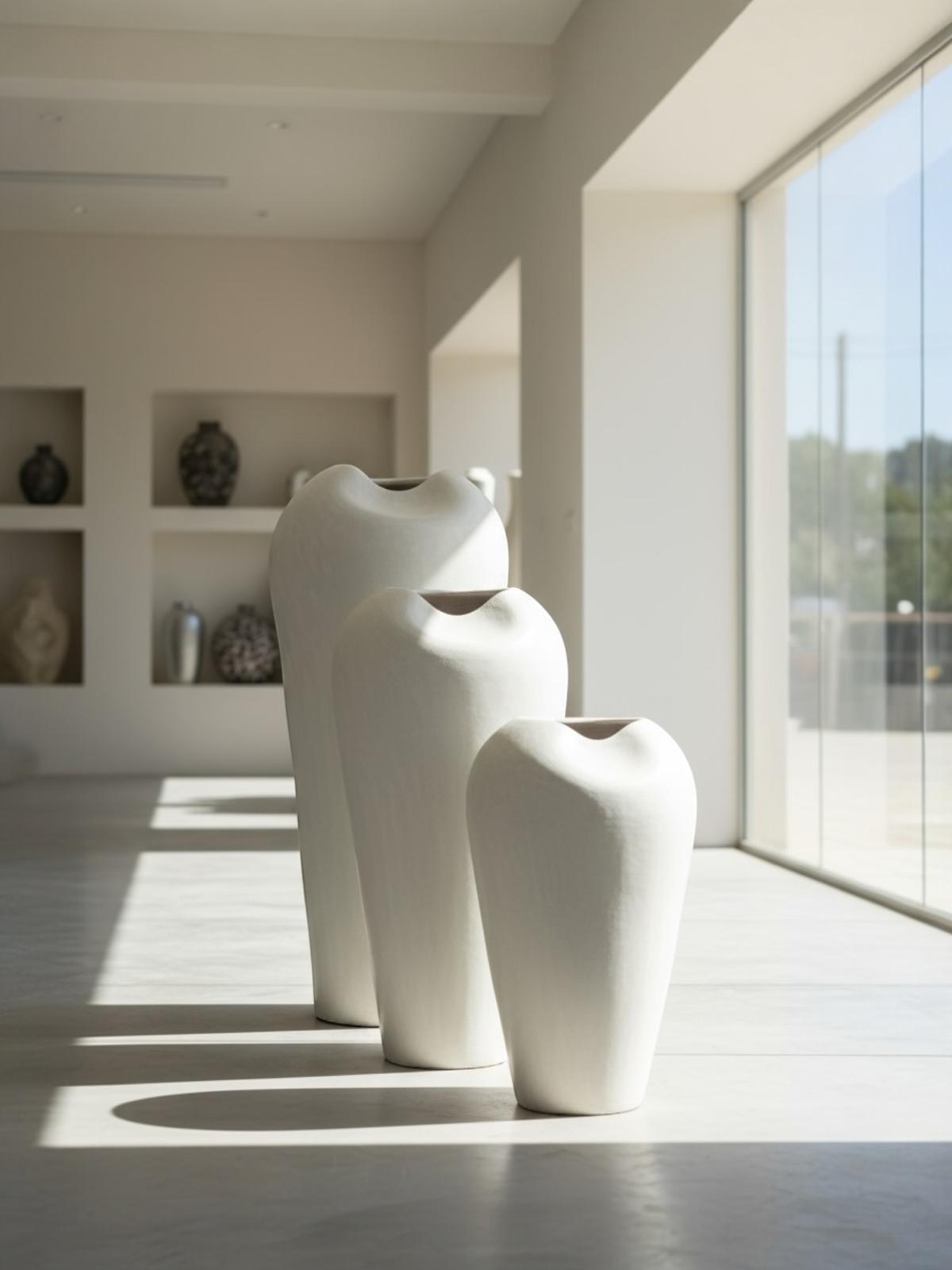  Ensemble de trois vases Élégance Sahara en céramique artisanale, tailles 60, 75 et 100 cm, design minimaliste inspiré du désert.