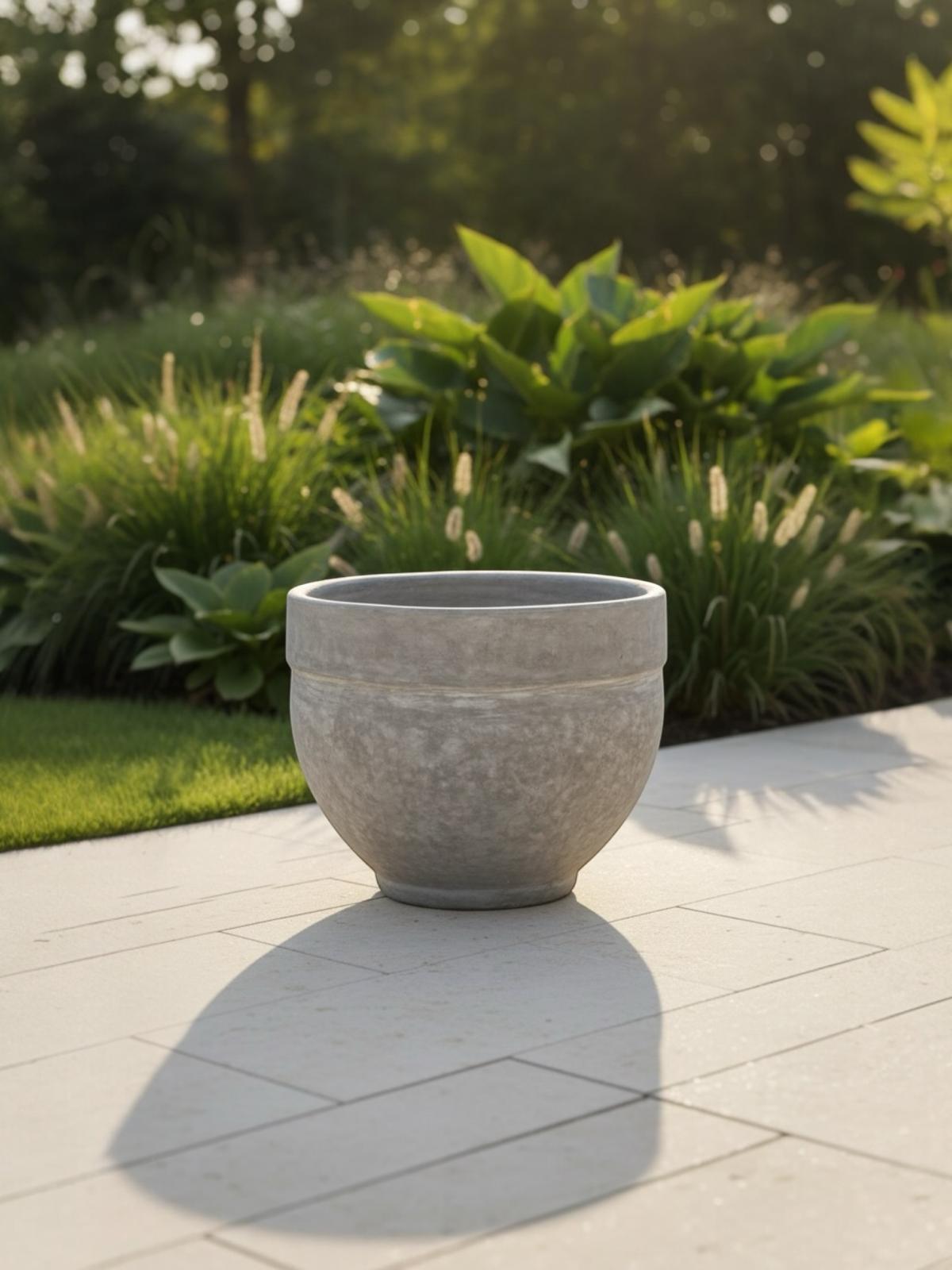 Grand pot en céramique gris minéral sur terrasse ensoleillée, pot Essaouira design marocain 60x45 cm pour décoration extérieure haut de gamme.